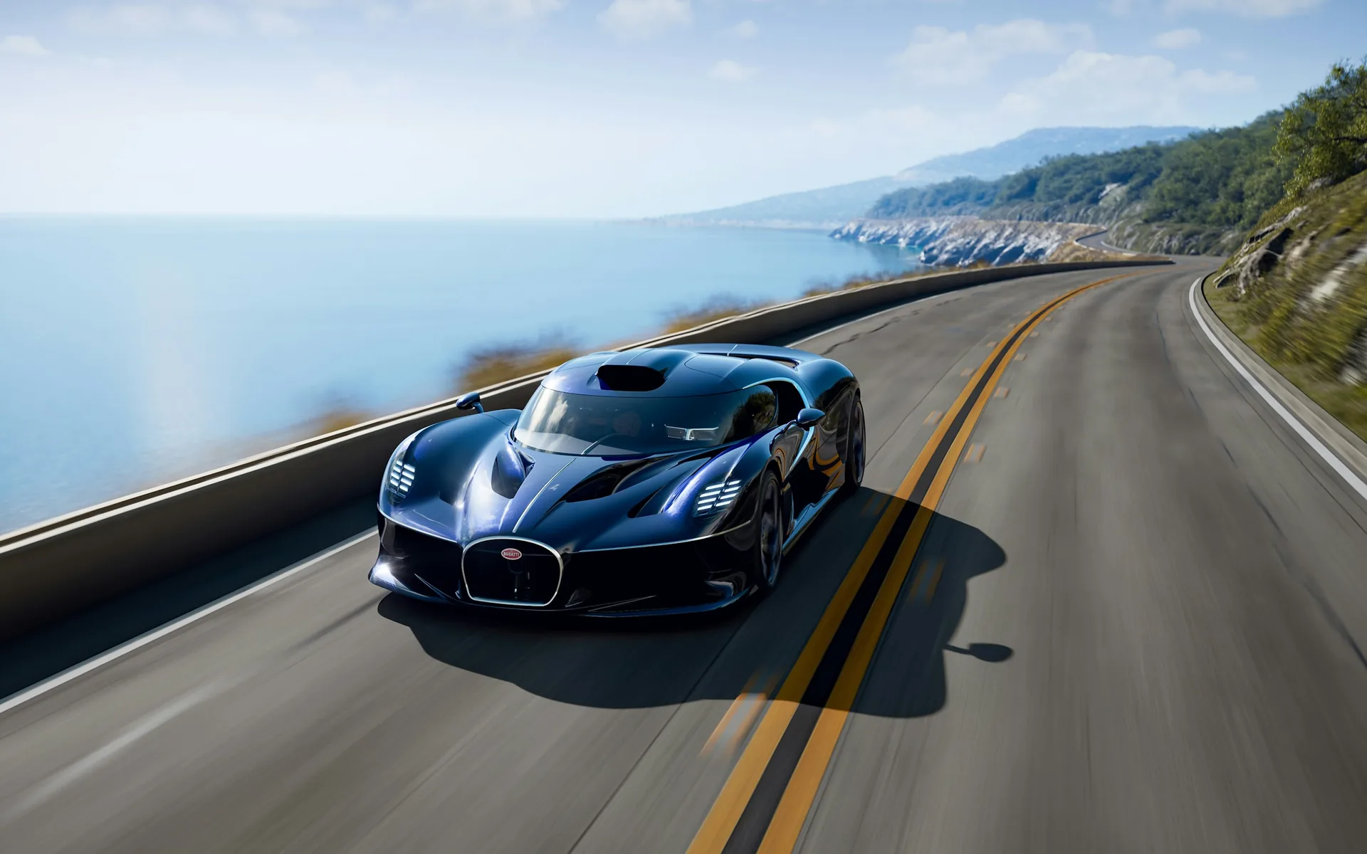 Bugatti Destrier driving on a coastal road &mdash; Sapphire Celeste paint shows its diamond-inspired sparkle in daylight