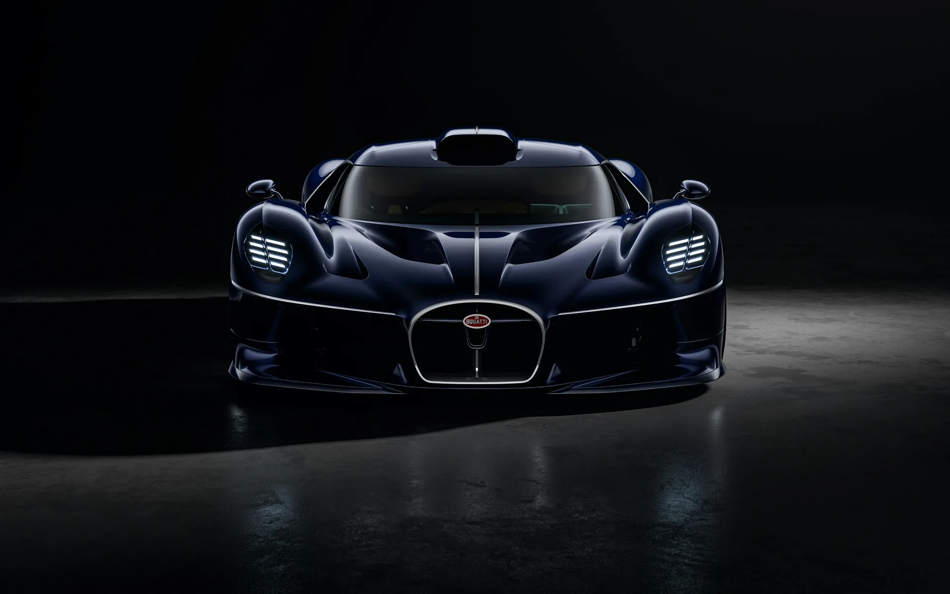 Bugatti Destrier front head-on &mdash; wide horseshoe grille and slim quad-element headlights