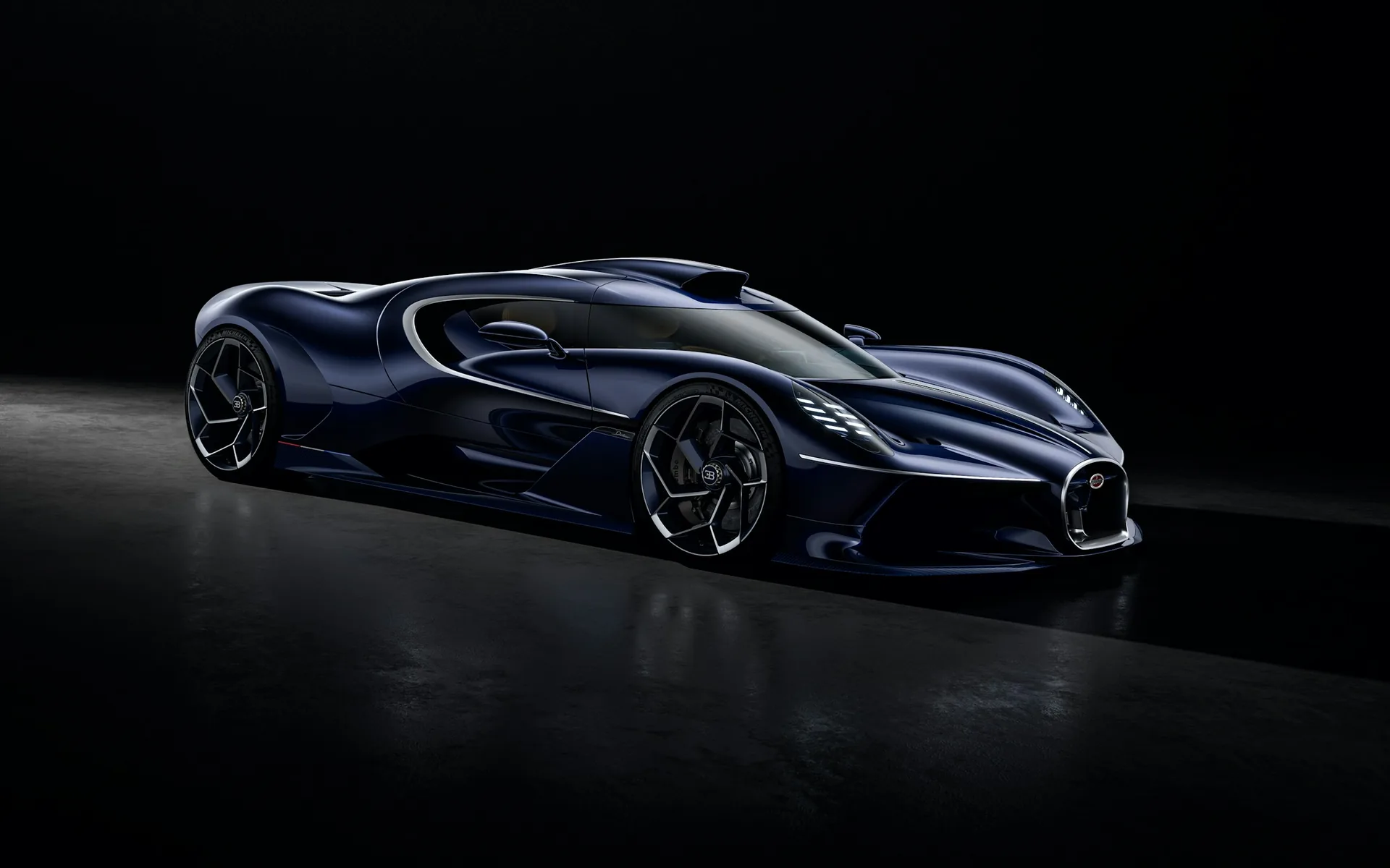 Bugatti Destrier front three-quarter studio shot &mdash; Sapphire Celeste one-off W16 hypercar with wide horseshoe grille