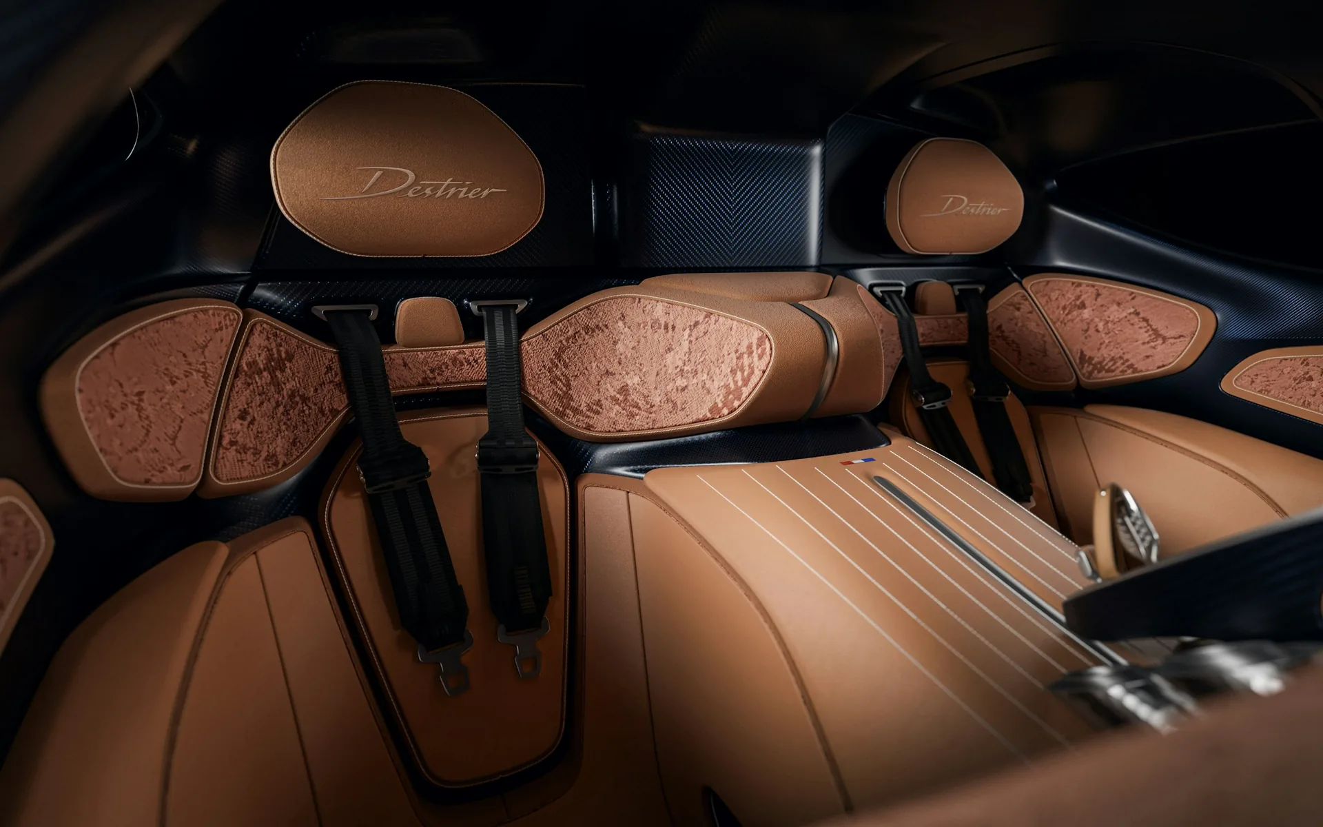 Bugatti Destrier interior detail &mdash; Ambre Voyageur leather and 3D-knitted textile with copper thread in a circular halo pattern