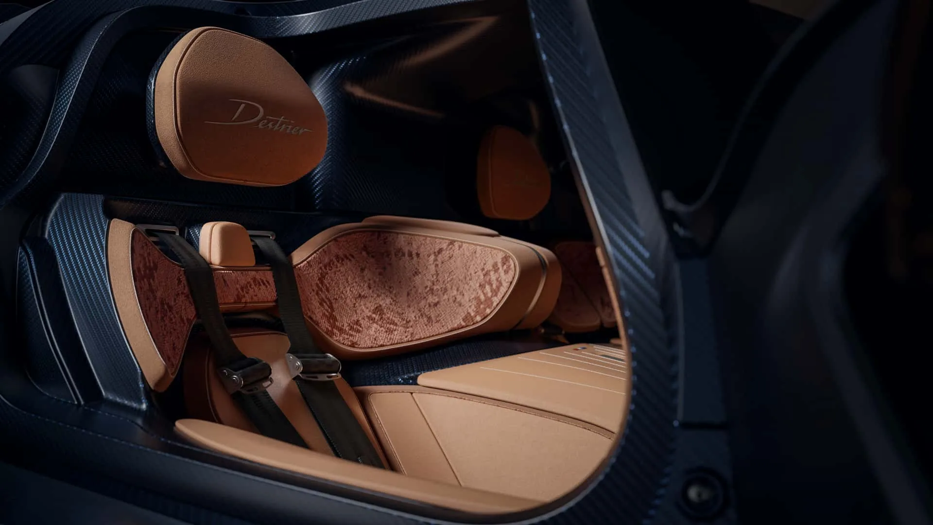 Bugatti Destrier cabin with door open &mdash; Ambre Voyageur leather and nubuck seats, exposed carbon tub and hammered aluminium door plates