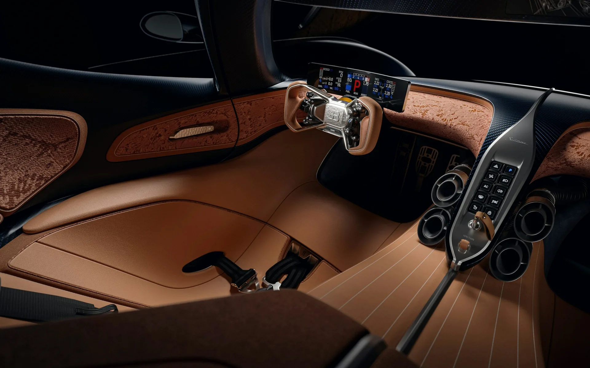 Bugatti Destrier interior close-up &mdash; yoke-style steering wheel with hammered aluminium hub and curved digital driver display