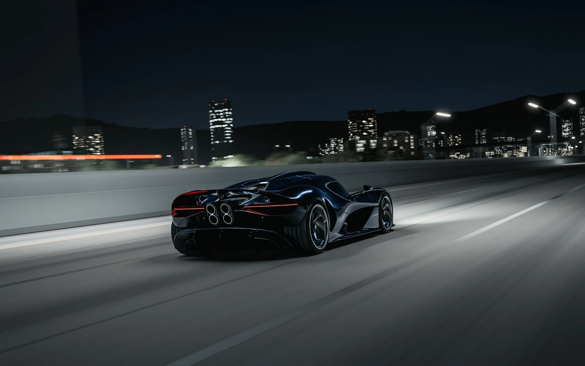 Bugatti Destrier rear three-quarter at night with a city skyline behind it &mdash; illuminated quad-tip exhaust and clean wingless rear deck