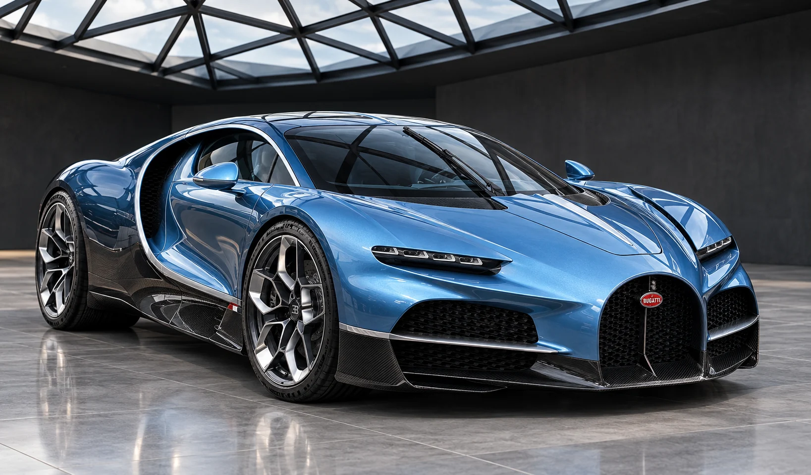Bugatti Tourbillon French Racing Blue, front three-quarter in a concrete atrium with glass roof