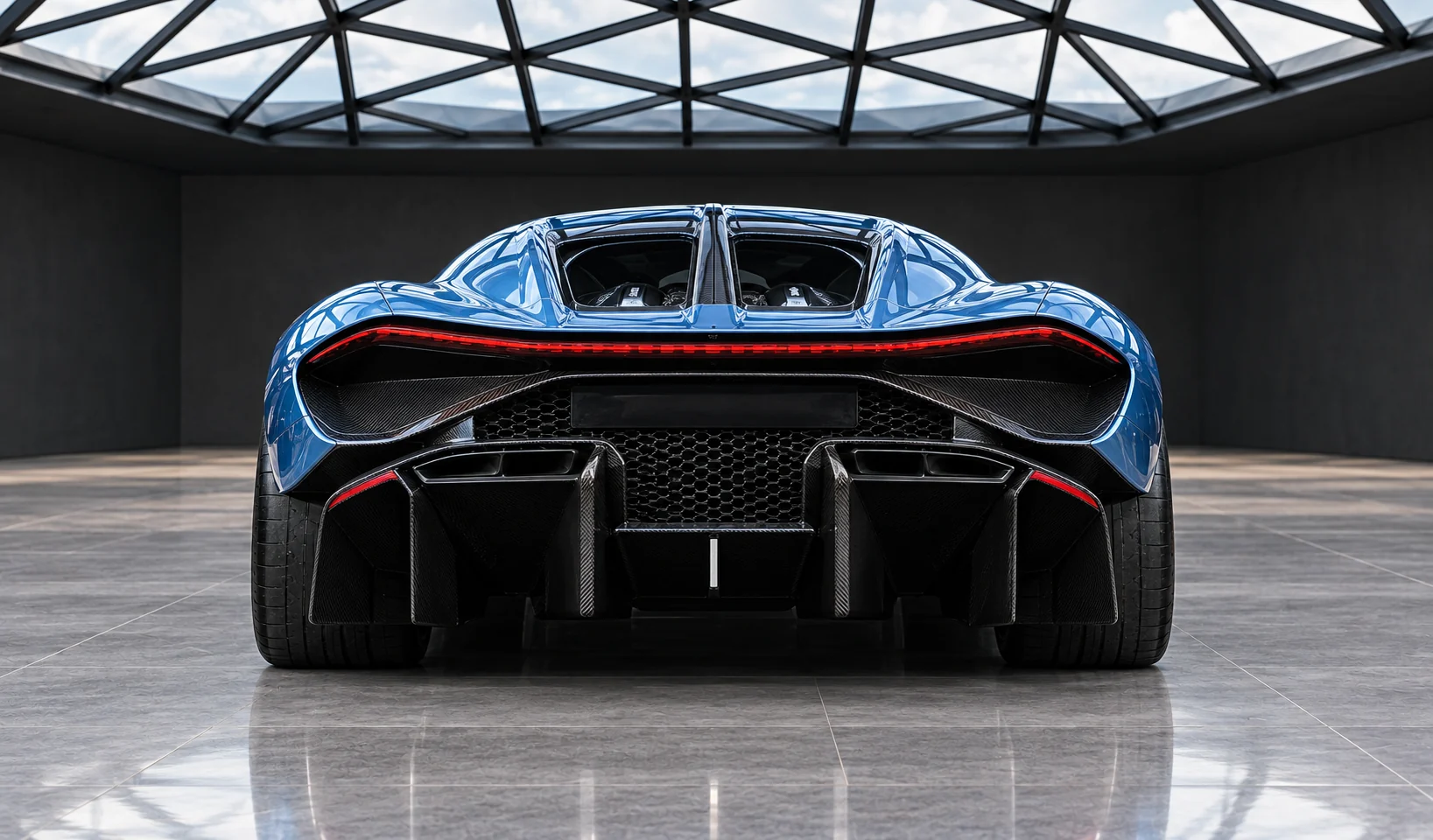 Bugatti Tourbillon French Racing Blue, rear view with oval lamps, carbon diffuser and horseshoe arch