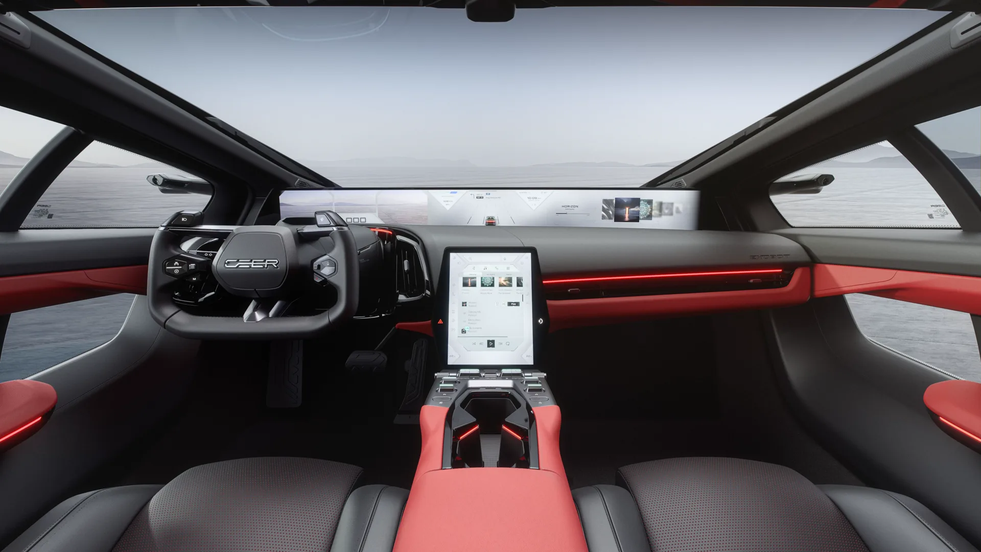 CEER Exobot cockpit with pillar-to-pillar 48-inch 8K Digital Horizon display inspired by the Riyadh skyline