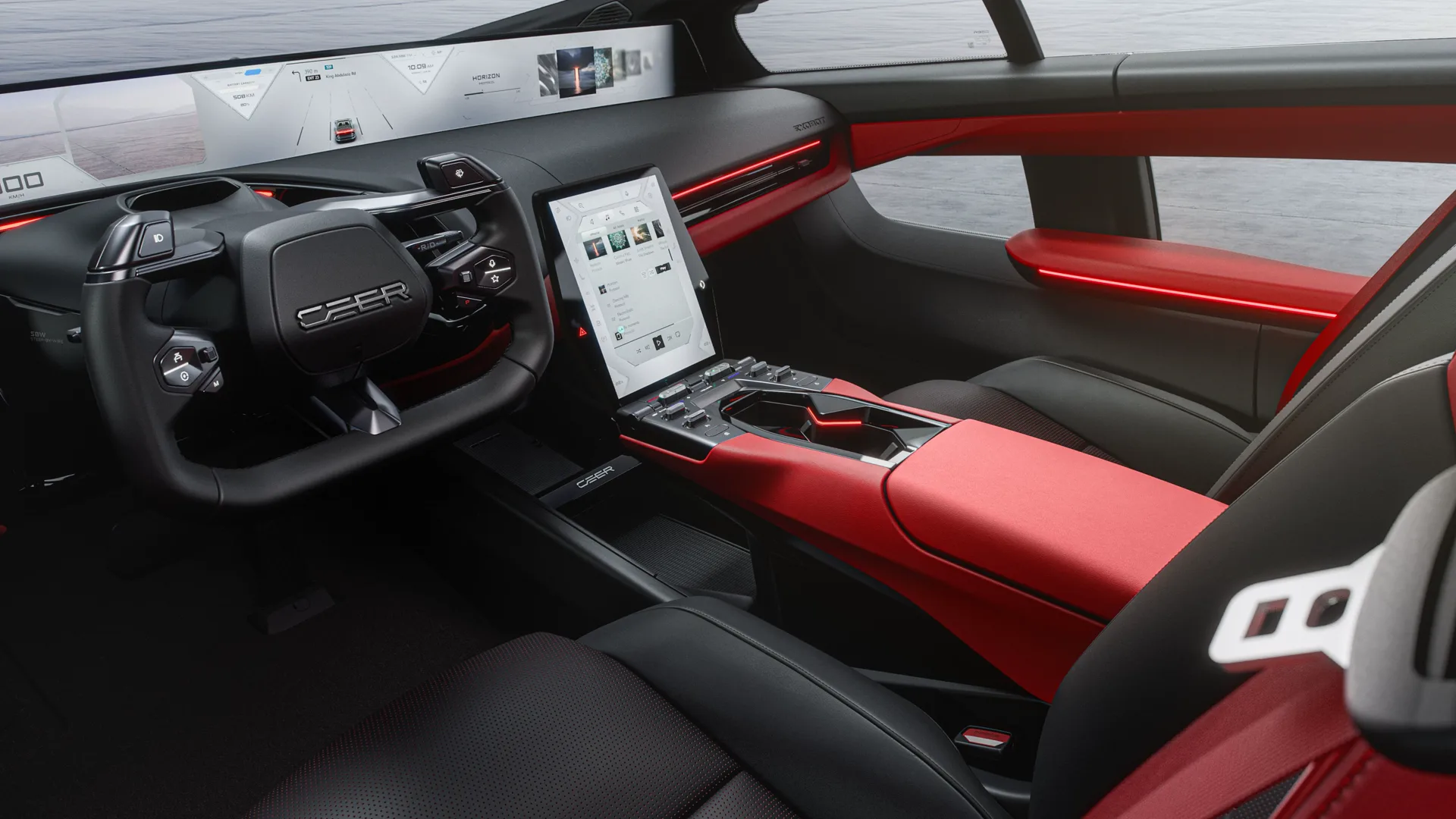 CEER Exobot interior with yoke steering wheel, 48-inch Digital Horizon display and red centre console