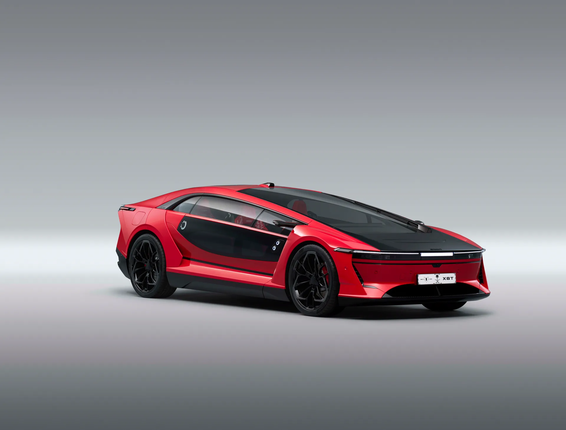 CEER Exobot sedan front three-quarter in red with a 2.4-metre windshield raked at 15 degrees