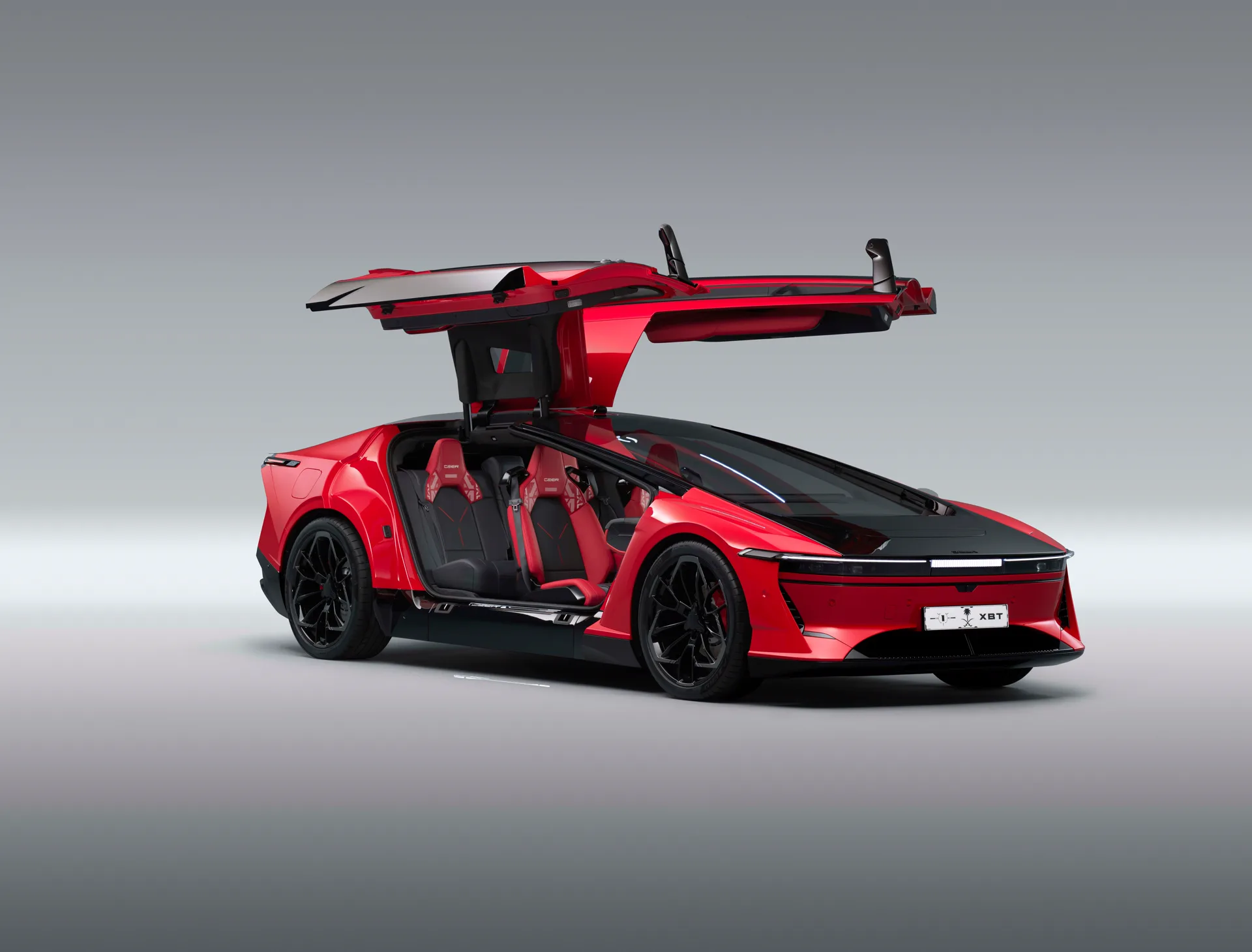 CEER Exobot sedan with Shahin Wing falcon doors open, red and black Nappa interior visible