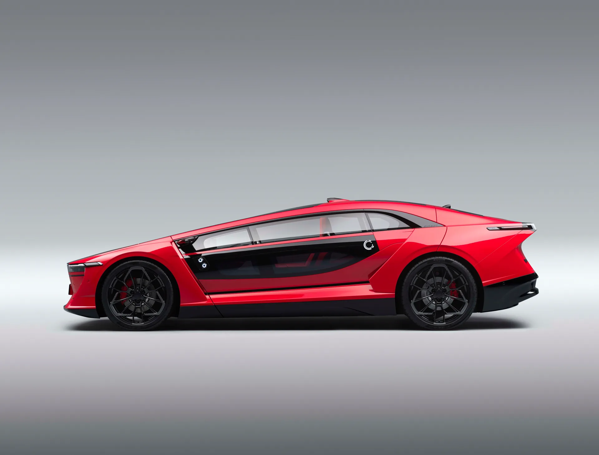 CEER Exobot sedan side profile in red showing the continuous glass canopy and staggered 23/24-inch wheels