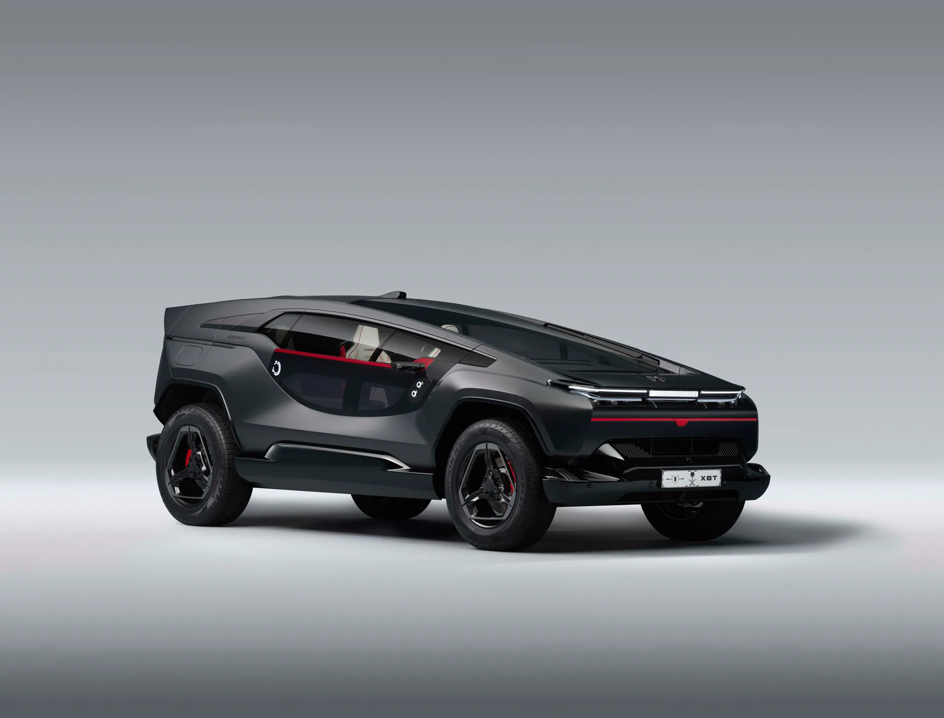 CEER Exobot SUV front three-quarter in dark grey with trapezoidal wheel arches, a raked windshield and a full-width LED light bar