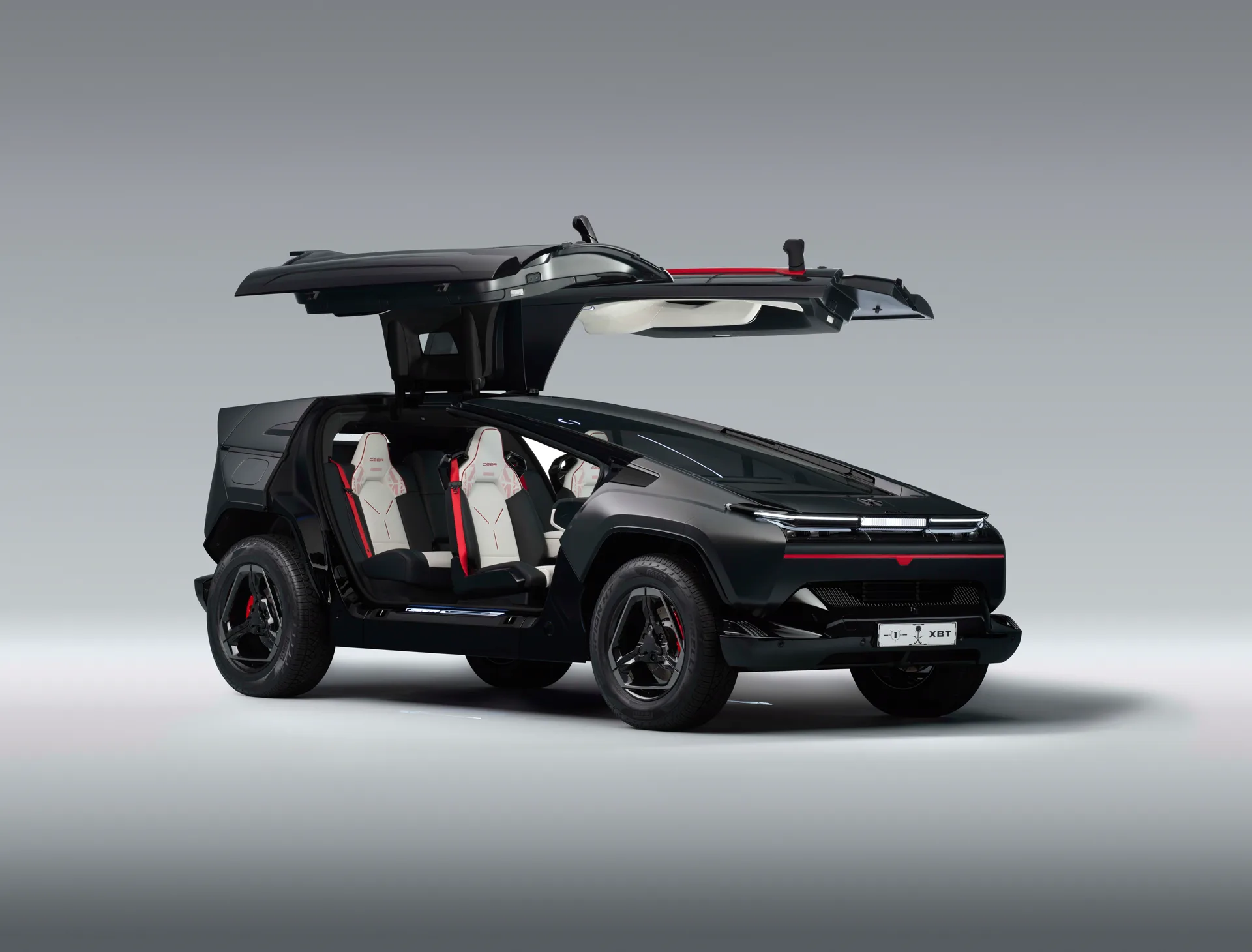 CEER Exobot SUV with Shahin Wing doors raised, white and red interior seats visible