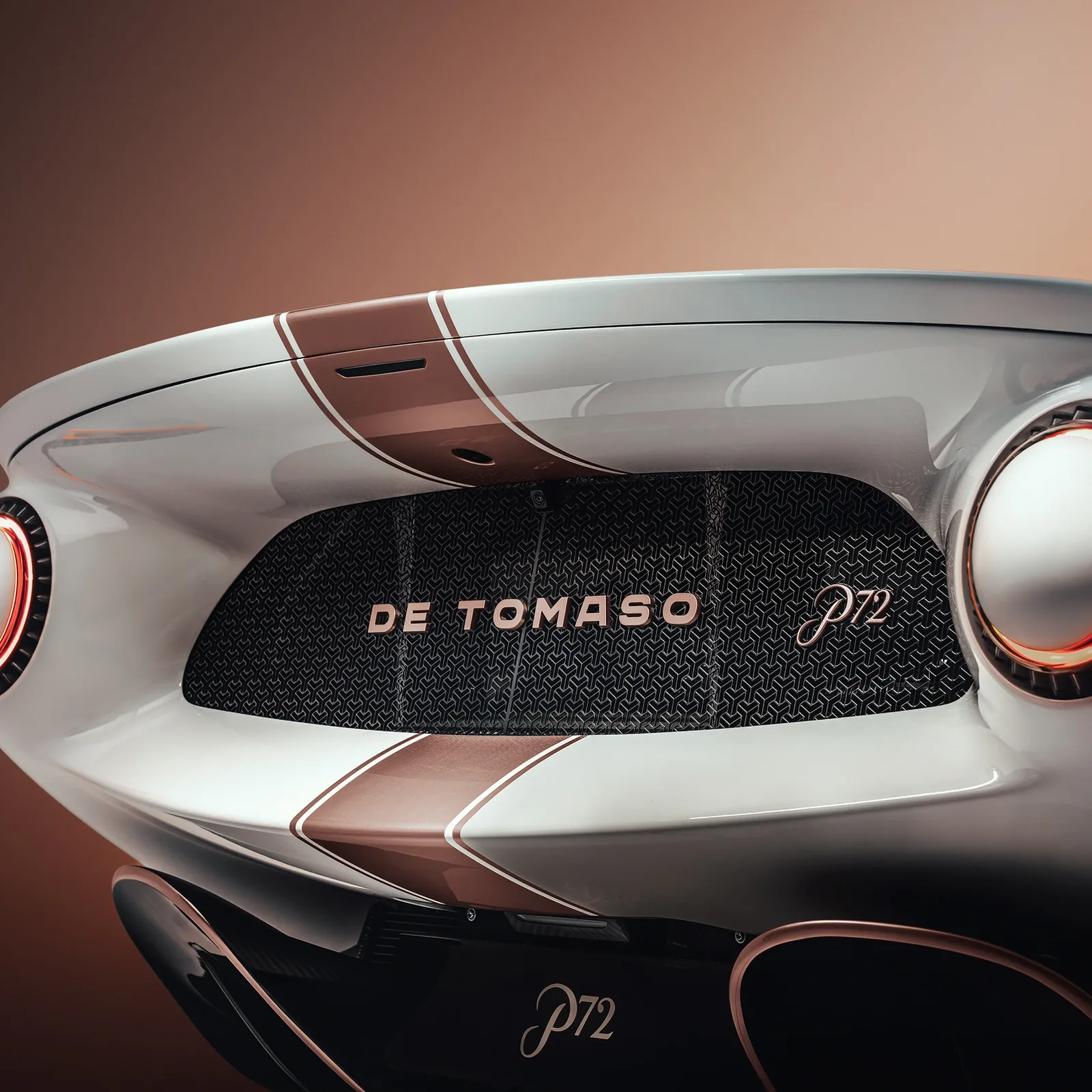 De Tomaso P72 front grille detail with DE TOMASO P72 lettering and copper accent