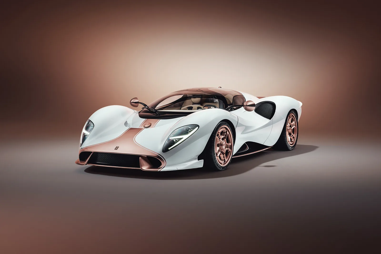 De Tomaso P72 in white and copper — 700 hp supercharged V8 analog supercar entering production, just 72 built