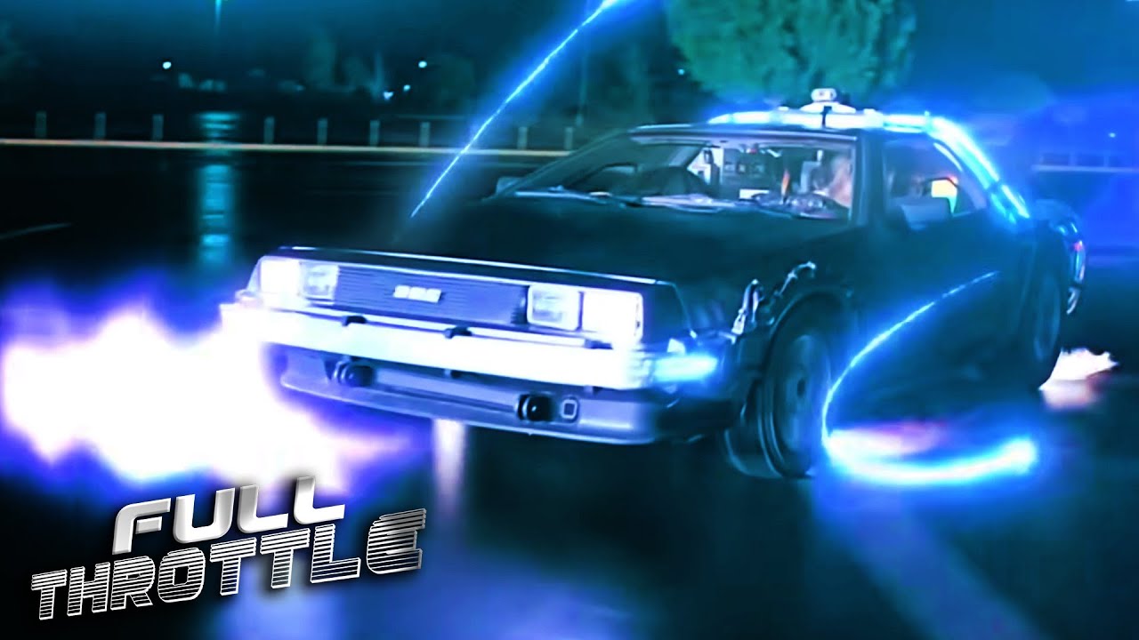 DeLorean DMC-12 time machine accelerating during the first Back to the Future test sequence