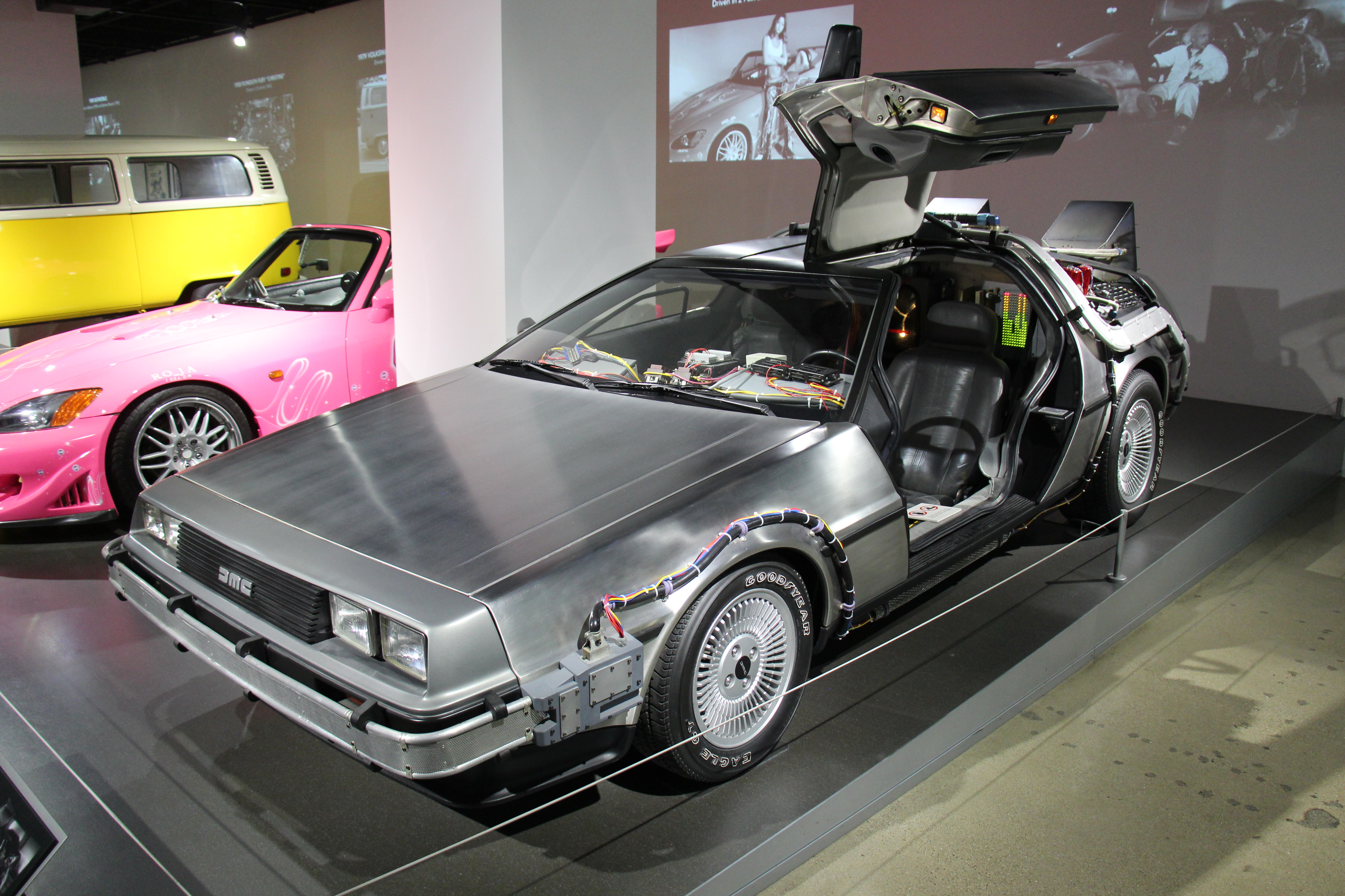 1981 DeLorean DMC-12 time-machine prop viewed from the front three-quarter angle