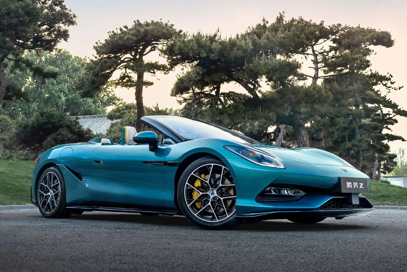 Denza Z Convertible static side profile in Firenze green with yellow brake calipers and forged multi-spoke wheels against a pine treeline