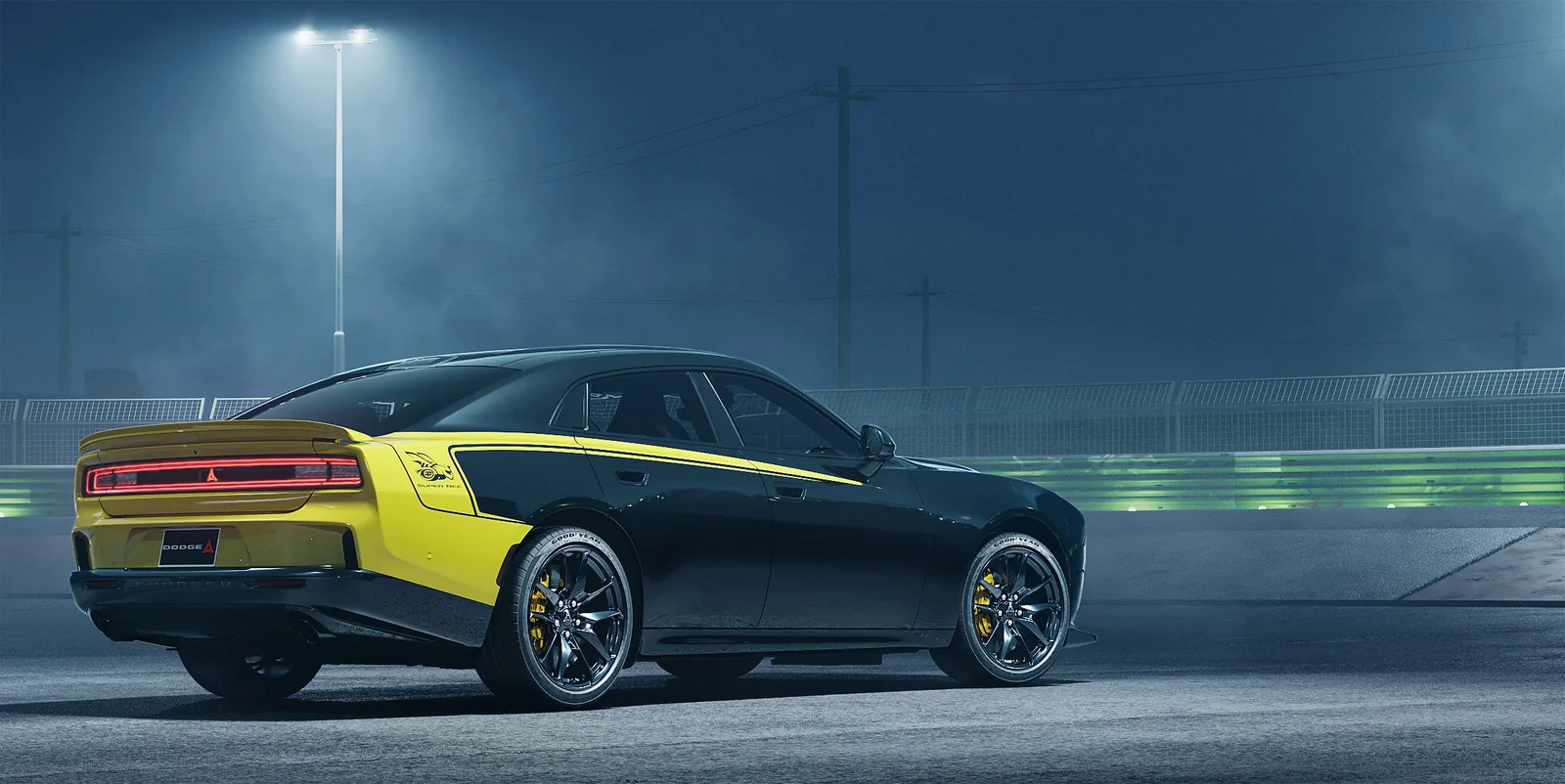 2027 Dodge Charger Super Bee Launch Edition in Diamond Black with Sucker Punch stripes and rear spoiler accents
