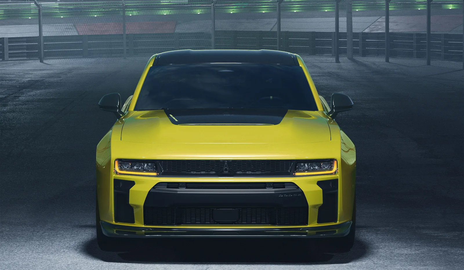 2027 Dodge Charger Super Bee front head-on in Sucker Punch &mdash; new high-flow fascia, dark Fratzog grille badge and extended front splitter