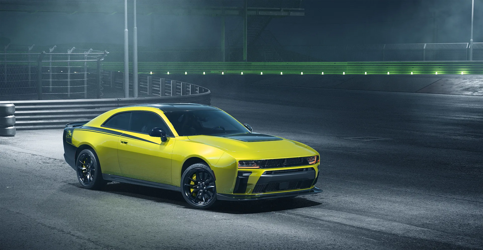 2027 Dodge Charger Super Bee Launch Edition in Sucker Punch yellow-green &mdash; front three-quarter track shot with tire smoke