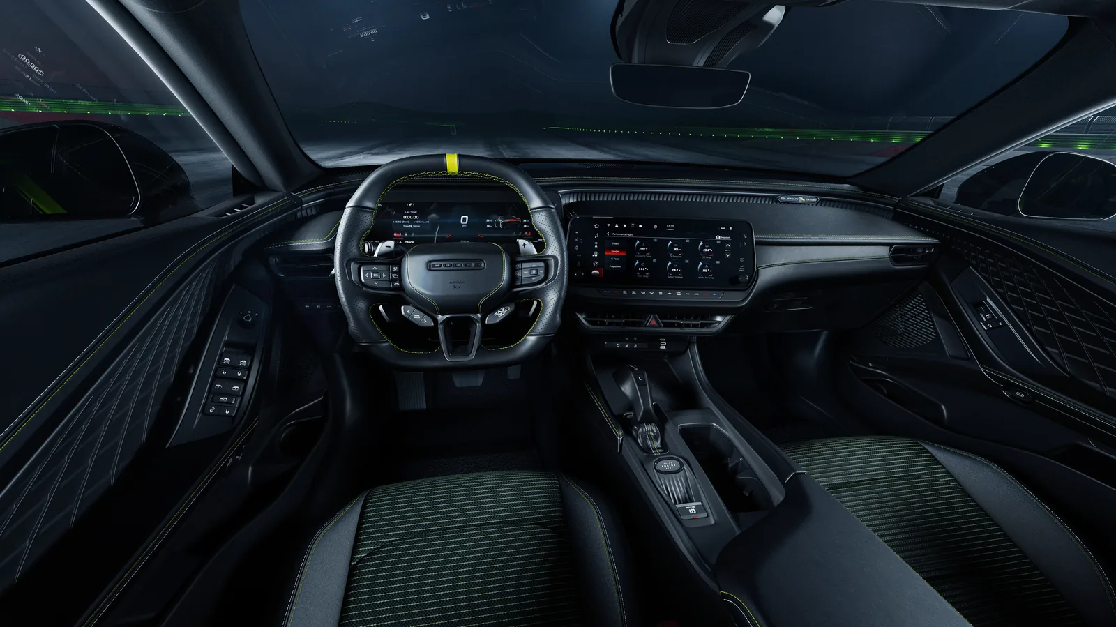 Dodge Charger Super Bee interior &mdash; cloth high-back performance seats with Citrus Peel inserts, Sour Lemon stitching and Super Bee headrest embroidery