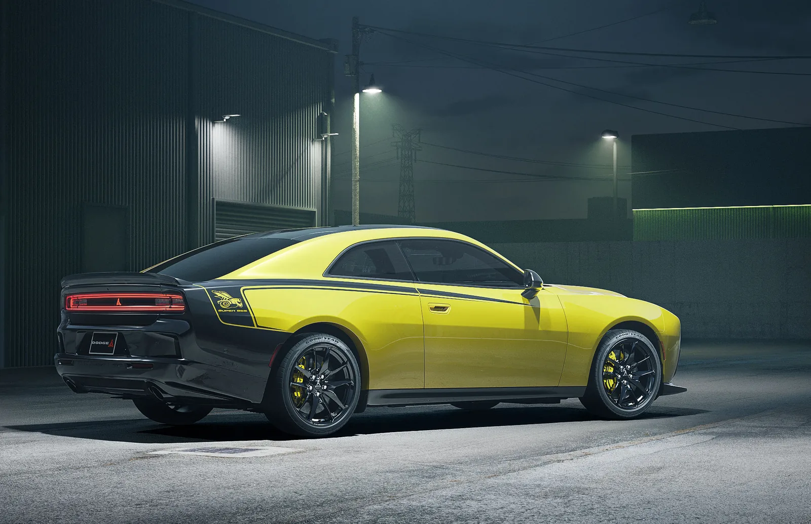 2027 Dodge Charger Super Bee rear three-quarter in Sucker Punch &mdash; gloss-black rear fascia, performance rear spoiler and full-width taillight bar