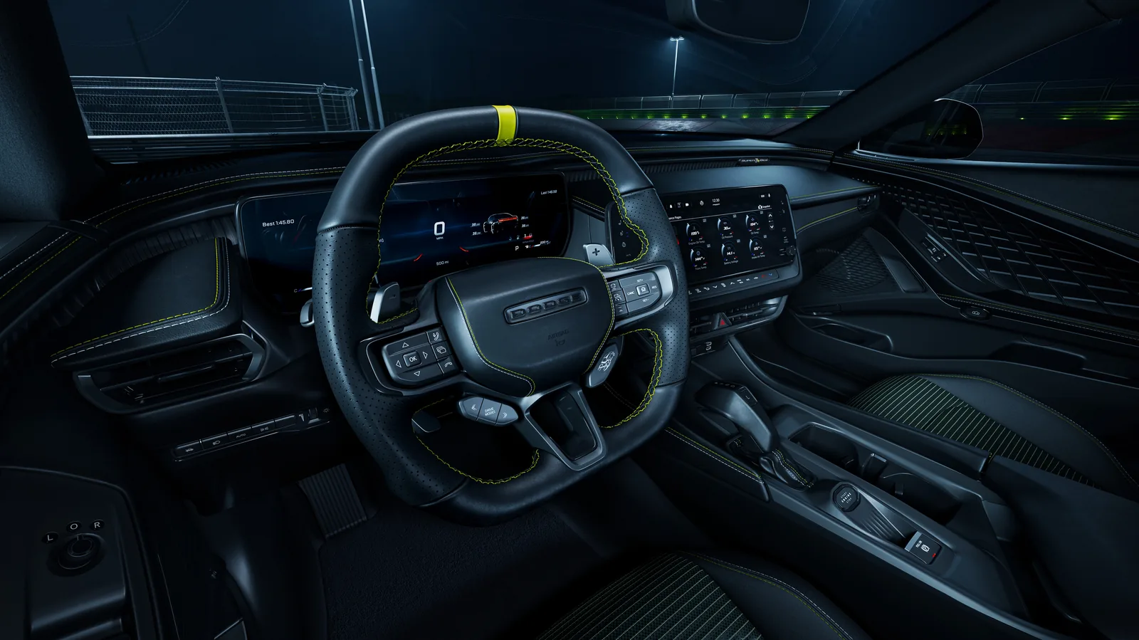 Dodge Charger Super Bee steering wheel close-up &mdash; leather performance rim, dedicated RWD button and larger paddle shifters