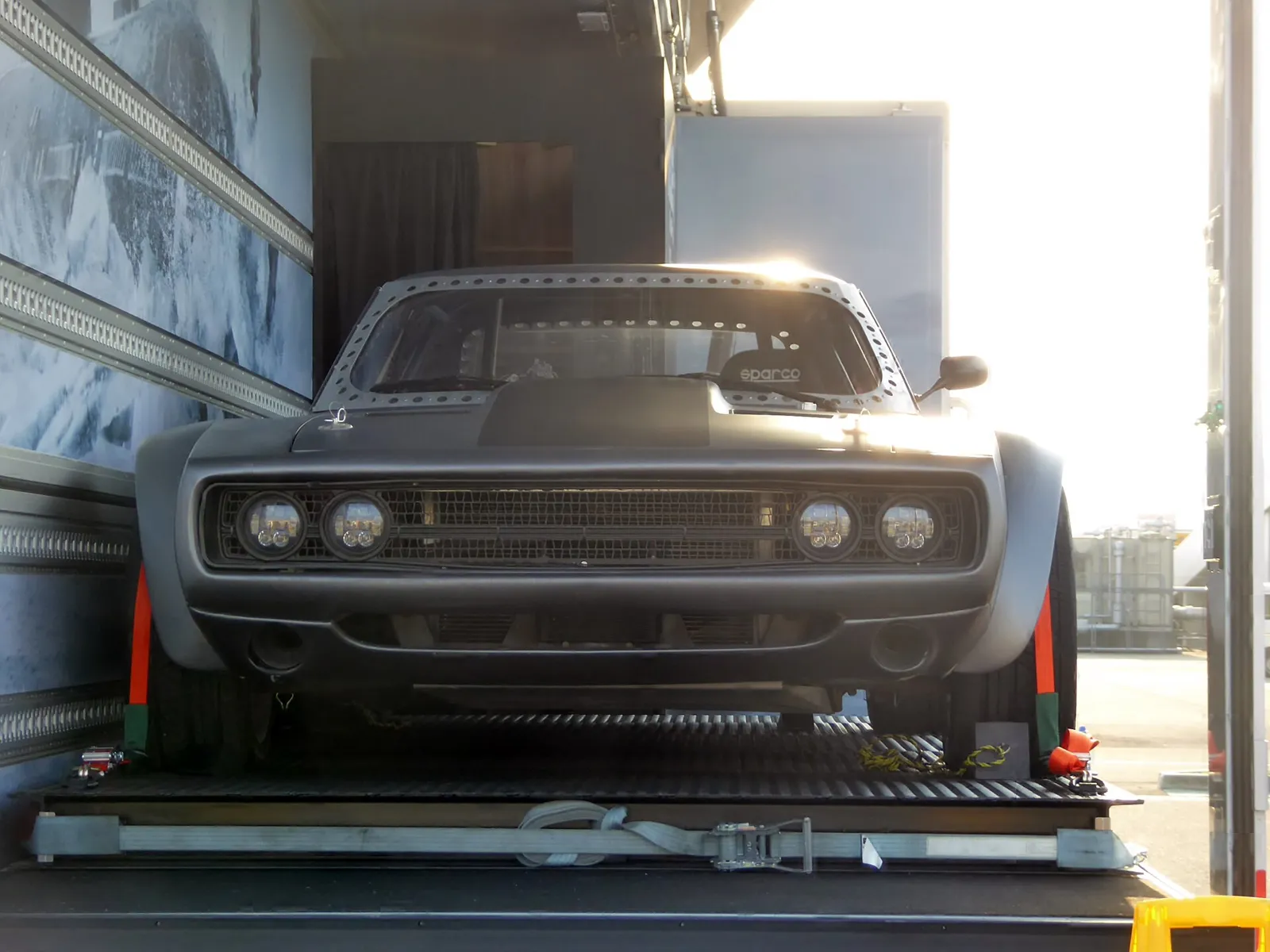 Dodge Ice Charger from The Fate of the Furious on display, grey 1968 Charger body over an all-wheel-drive chassis