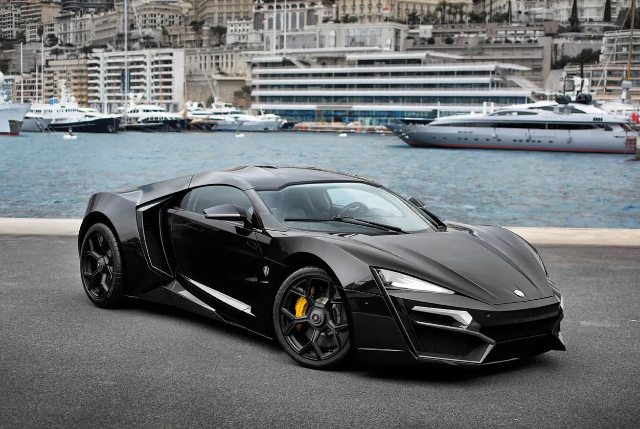 Black W Motors Lykan HyperSport in Monaco, the hypercar Dom Toretto drives through the Abu Dhabi towers in Furious 7