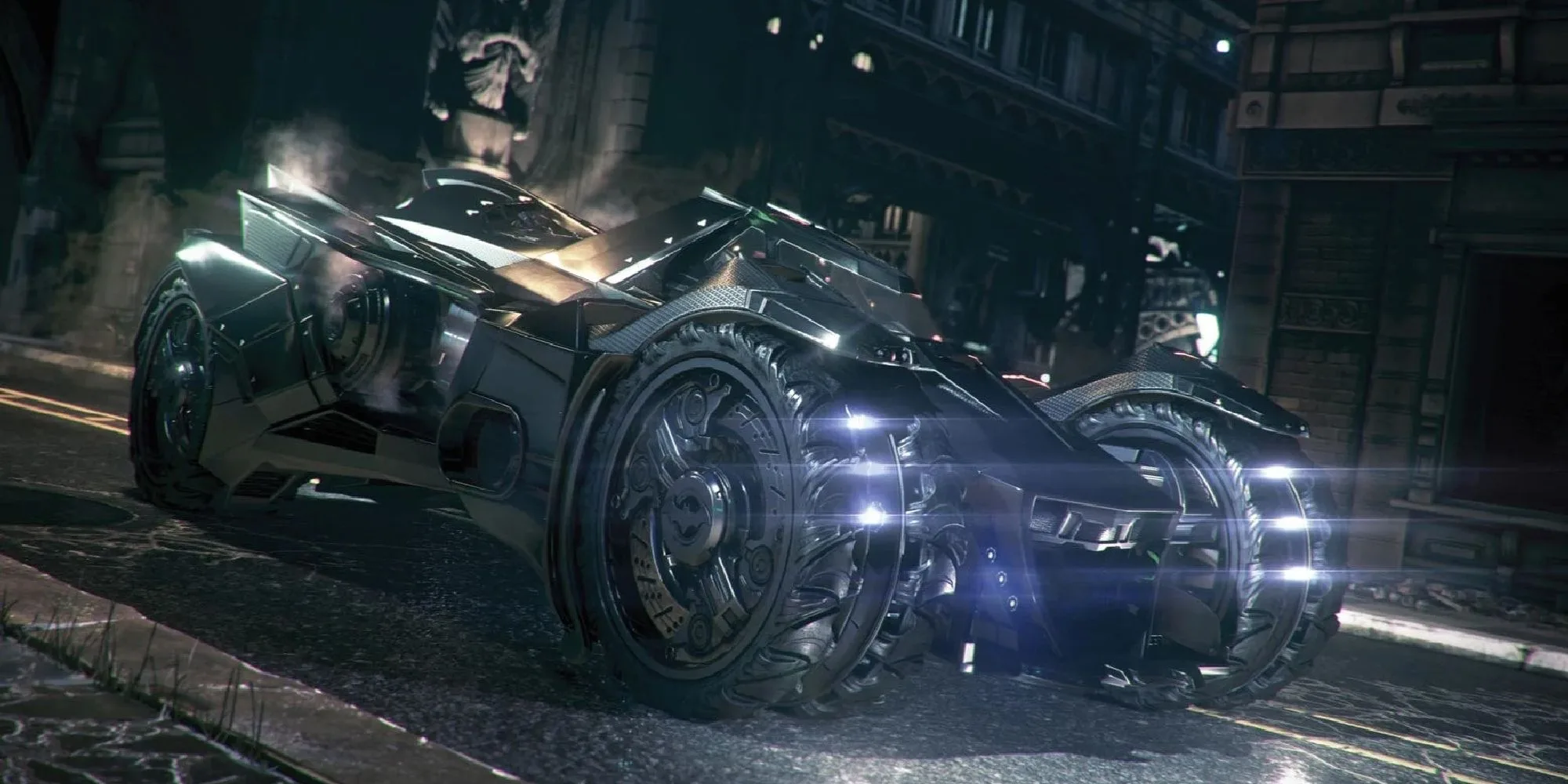 Rocksteady Arkham Knight Batmobile 2015 in Battle Mode with 60mm cannon deployed, the first fully drivable video-game Batmobile