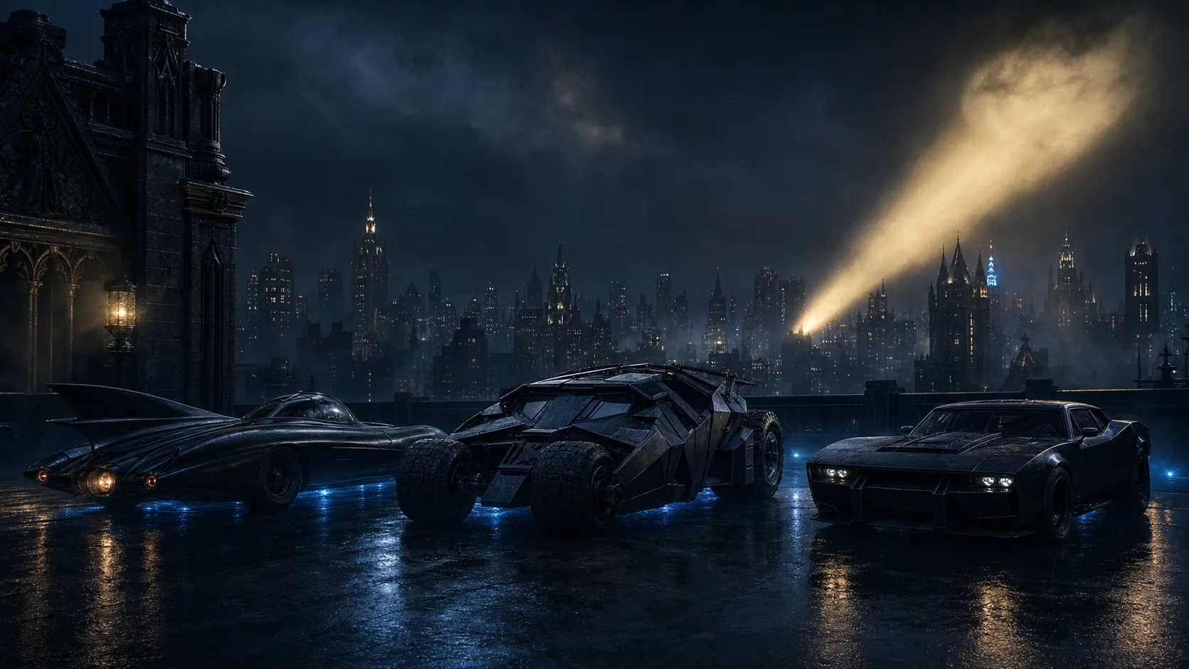 Companion Batman movie vehicles overview — Batwing, Batboat, The Bat and Batcycle from the live-action films