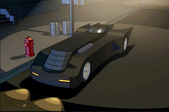 Batman: The Animated Series Batmobile design by Bruce Timm and Shayne Poindexter, Dark Deco style with long low body and rear jet exhaust