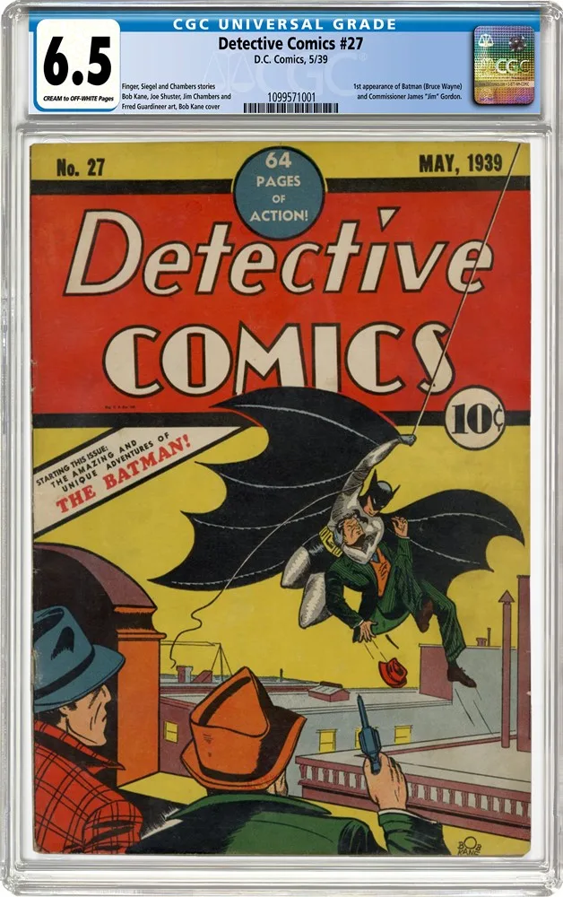 Detective Comics #27 cover from May 1939 showing Batman's first appearance, the origin issue that also introduced the unnamed red sedan predecessor to the Batmobile