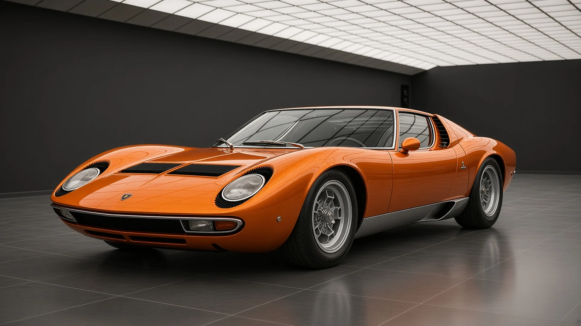 Lamborghini Miura P400 SV in Arancio orange, studio concept in the Batman Garage — front three-quarter showing the wide rear arches and deleted headlamp eyelashes of the 1971 to 1973 Super Veloce