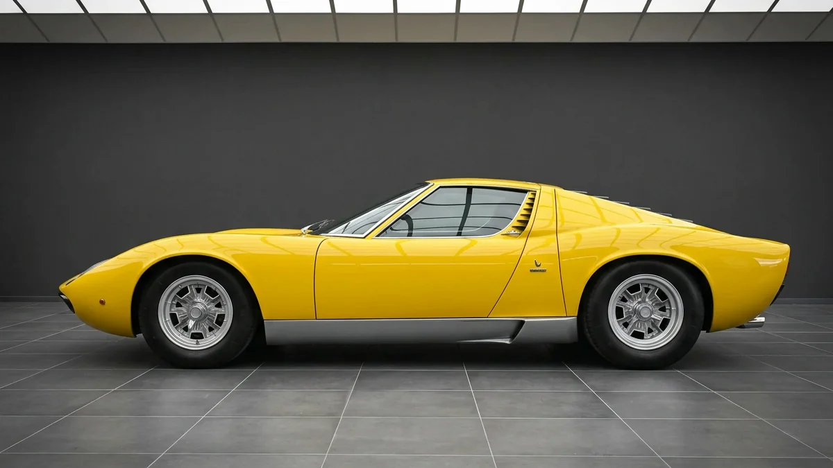Lamborghini Miura P400 SV in Giallo yellow, side profile in the Batman Garage showroom — the first Super Veloce