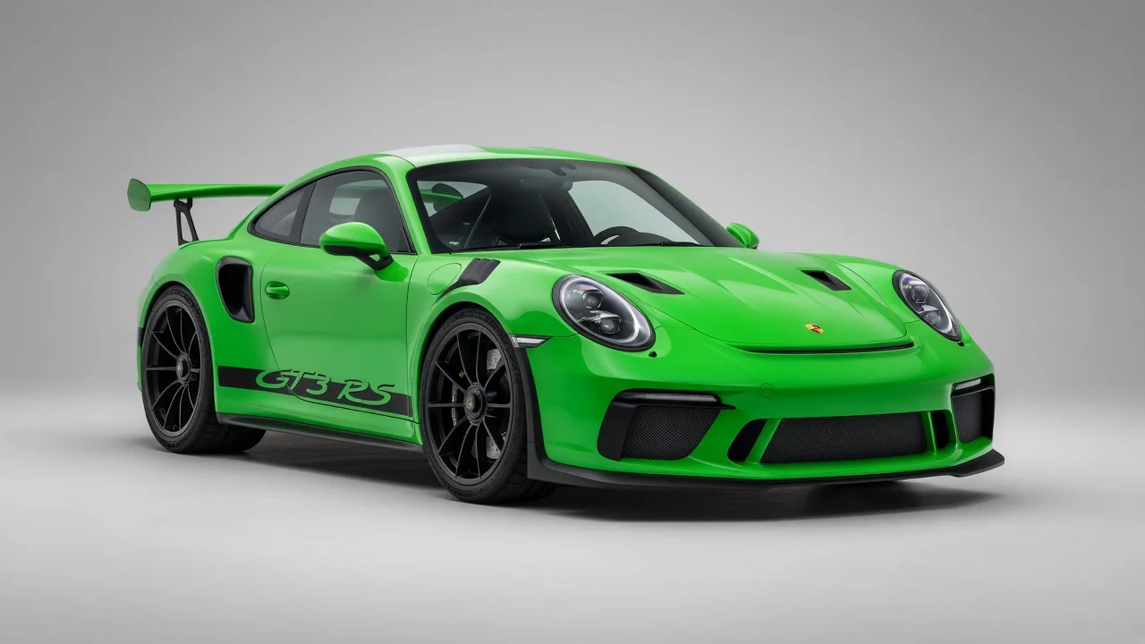 2015 Porsche 911 GT3 RS 991.1 in Lizard Green, studio catalog three-quarter view with fender louvers and large rear wing