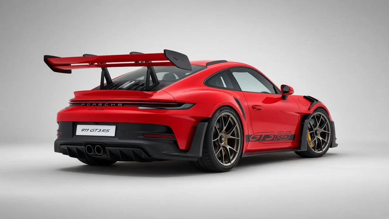 Porsche 911 GT3 RS 992 in Guards Red, rear three-quarter studio view showing the double-element swan-neck wing