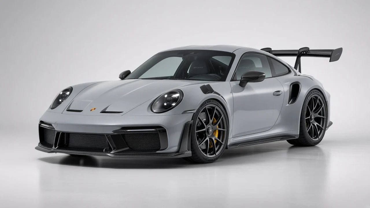 2023 Porsche 911 GT3 RS 992 in Ice Grey with swan-neck rear wing, studio catalog three-quarter view