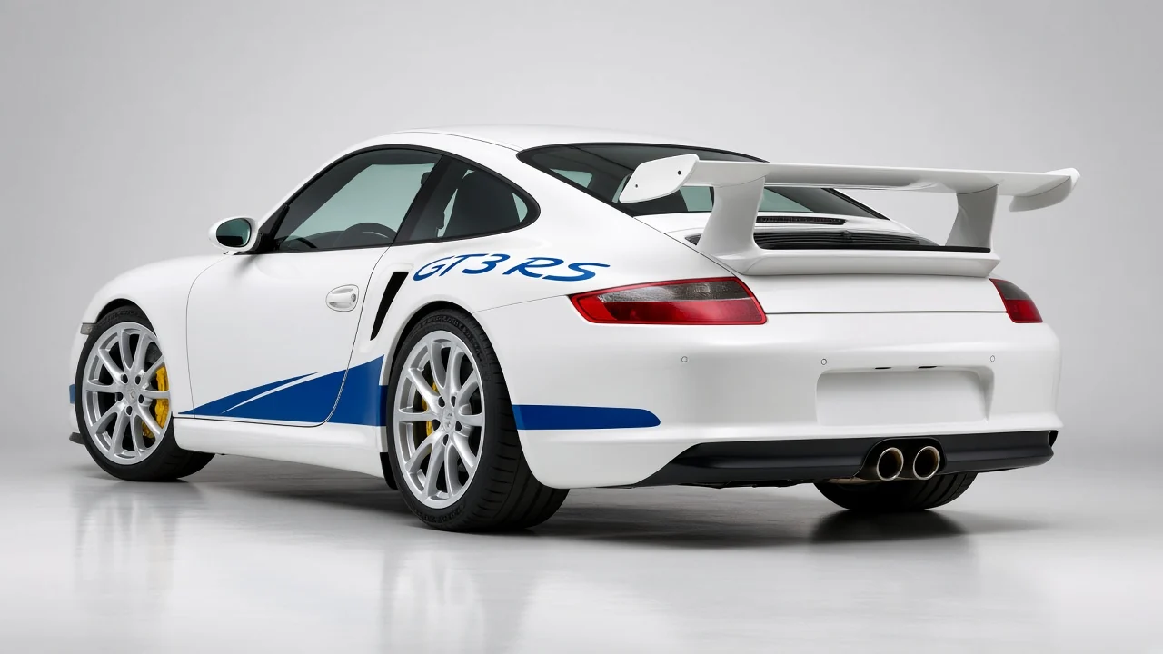 2003 Porsche 911 GT3 RS 996 in white with blue GT3 RS script, rear three-quarter studio catalog view