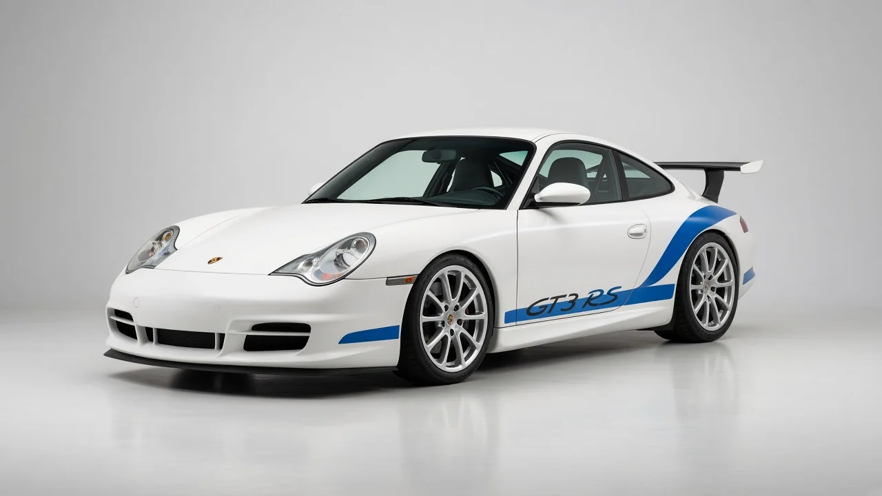 2003 Porsche 911 GT3 RS 996 in Carrara White with blue wheel-arch graphics, studio three-quarter catalog view