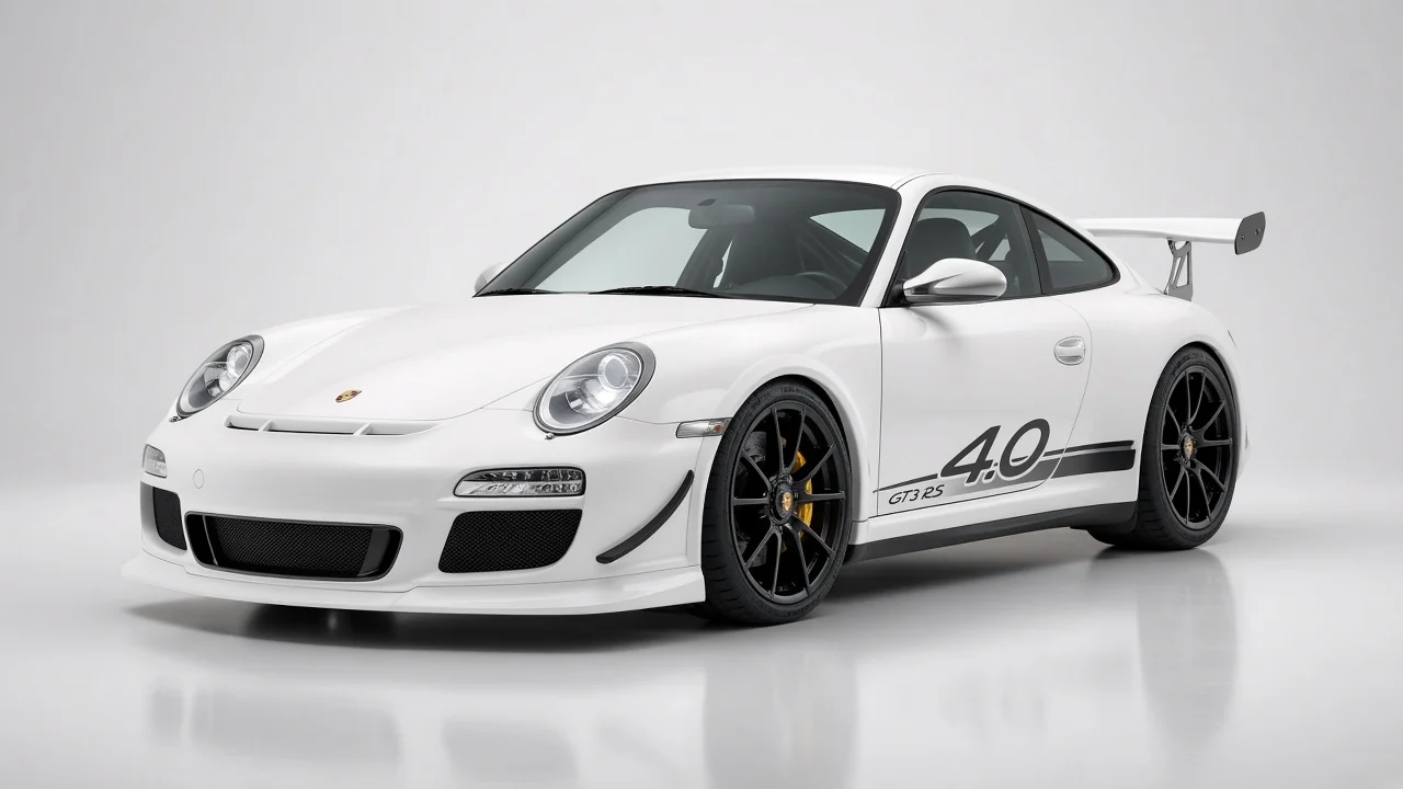 2011 Porsche 911 GT3 RS 4.0 in white with 4.0 side graphic, studio catalog three-quarter view