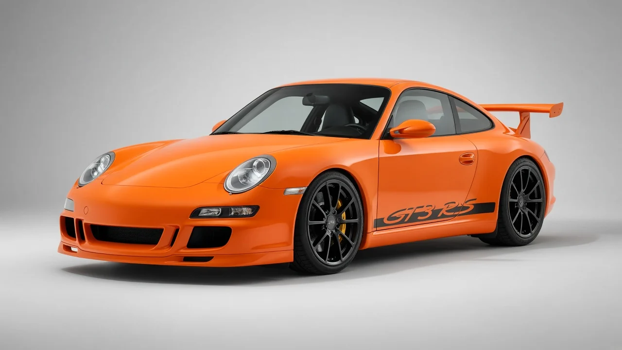 2006 Porsche 911 GT3 RS 997.1 in orange, studio catalog three-quarter view with upright rear wing