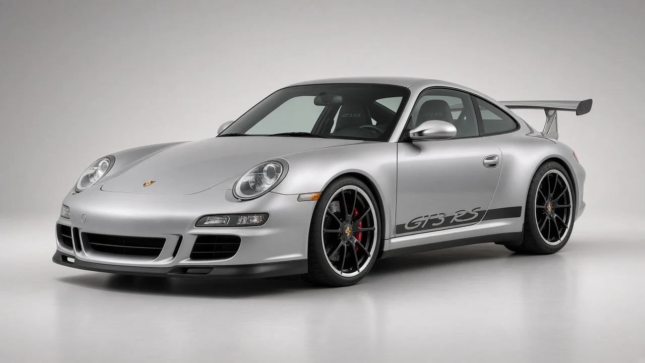 2010 Porsche 911 GT3 RS 997.2 in Arctic Silver, studio catalog three-quarter view