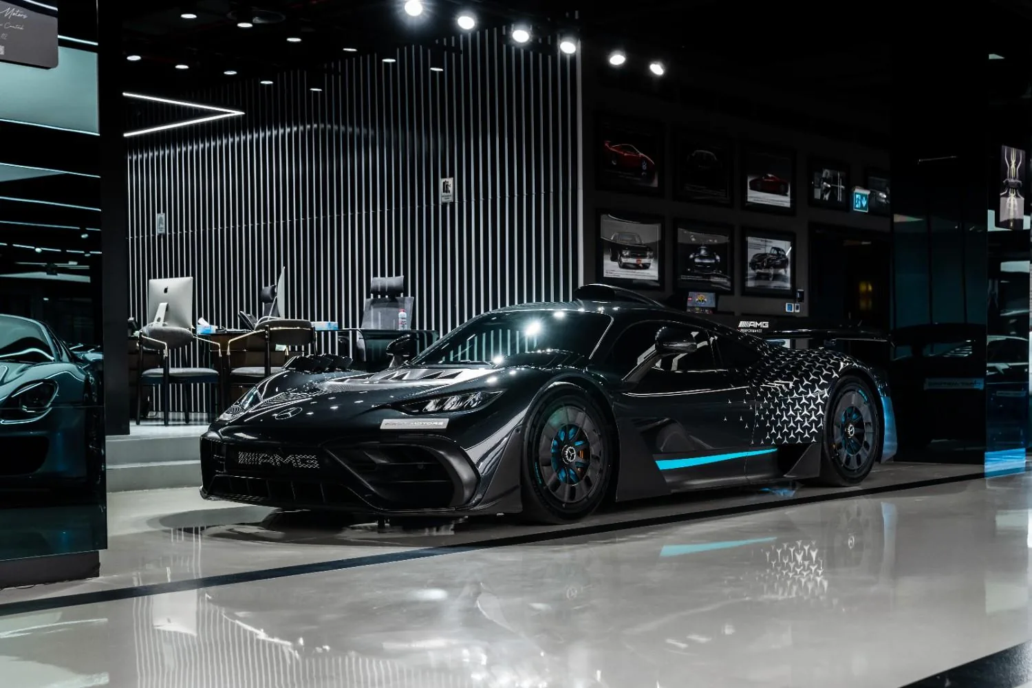 Mercedes-AMG ONE F1-derived hypercar on display at F1rst Motors Dubai in matte black with blue aero accents