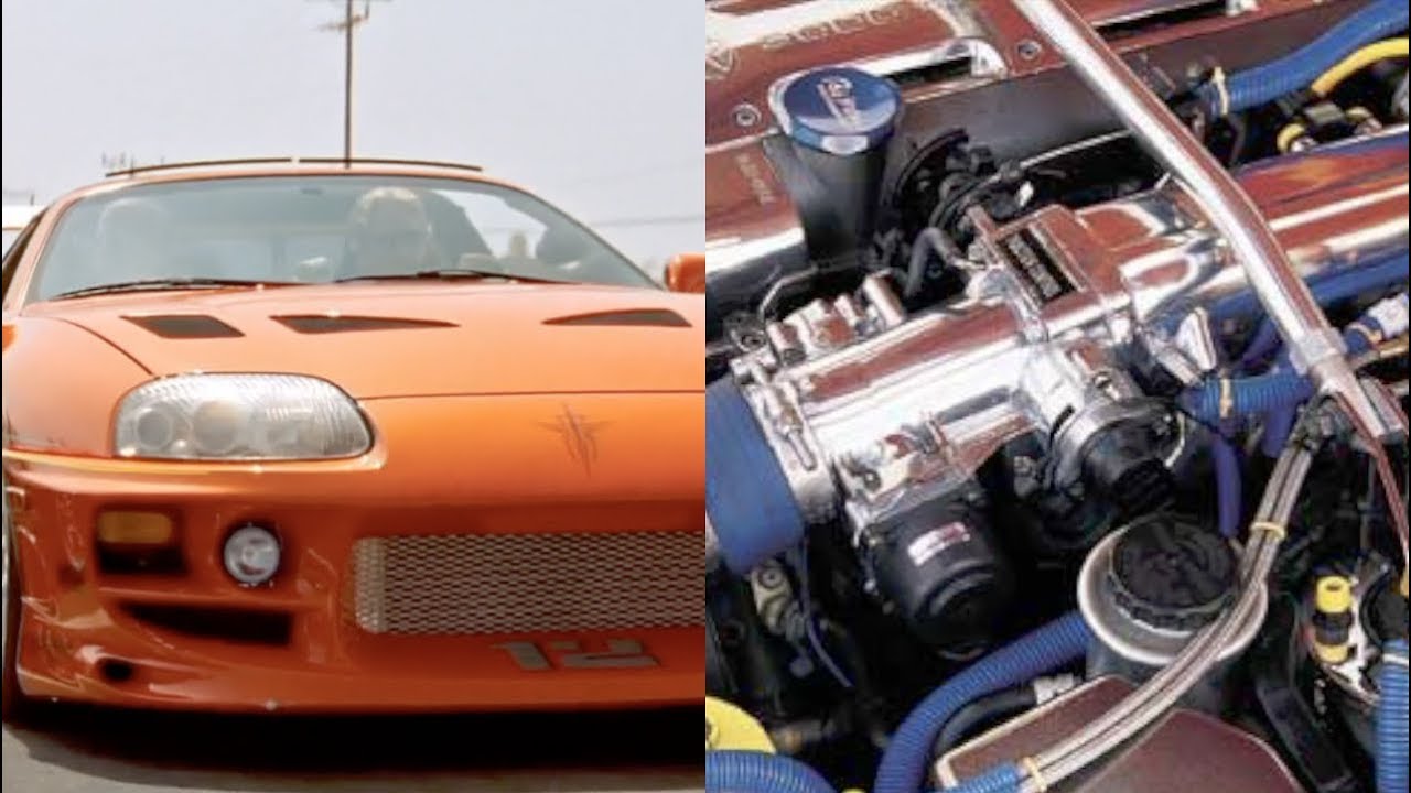 Front view and engine-bay detail of Brian O’Conner’s orange Supra