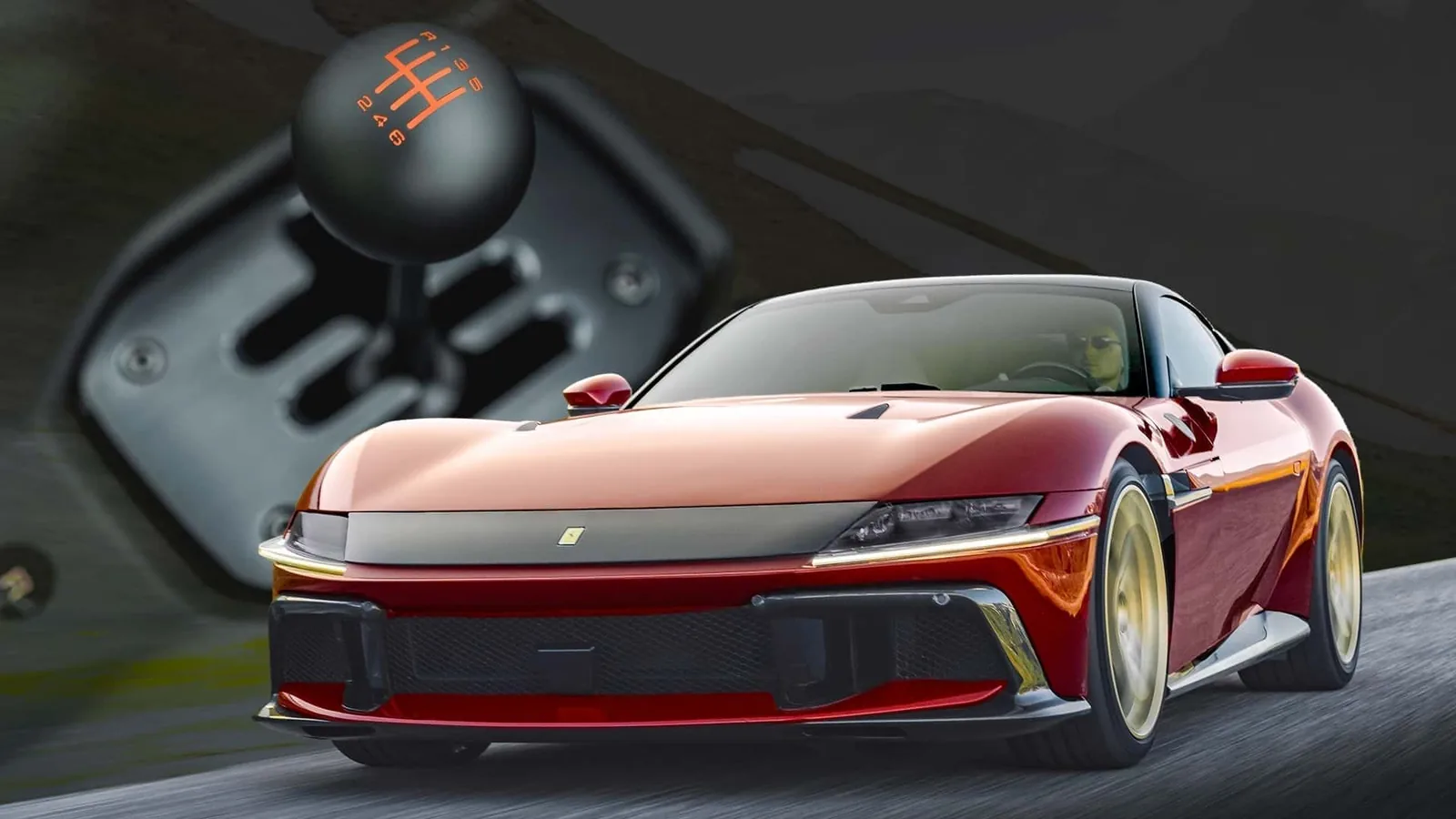 Ferrari 12Cilindri Manuale composite image — floating gated shifter with R123D 246 numerals over a red 12Cilindri driving on mountain road