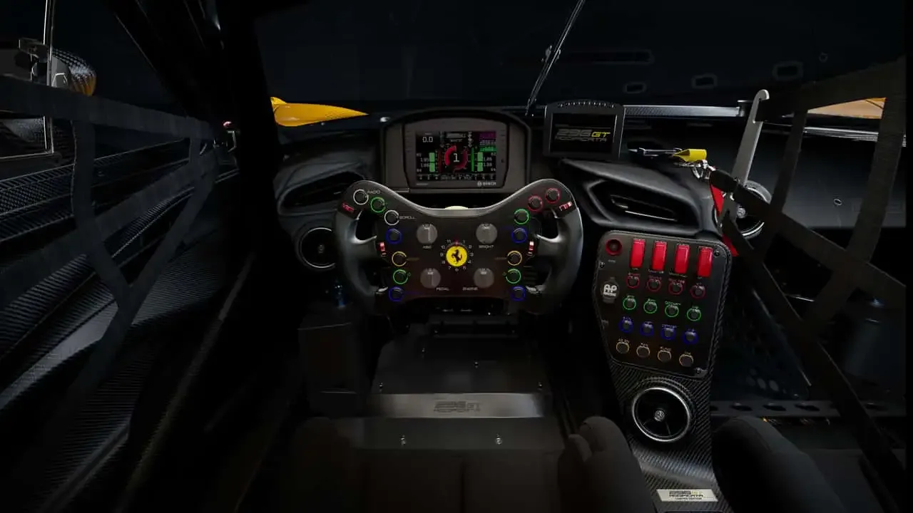 Ferrari 296 GT Modificata cockpit with racing steering wheel, digital display and roll cage