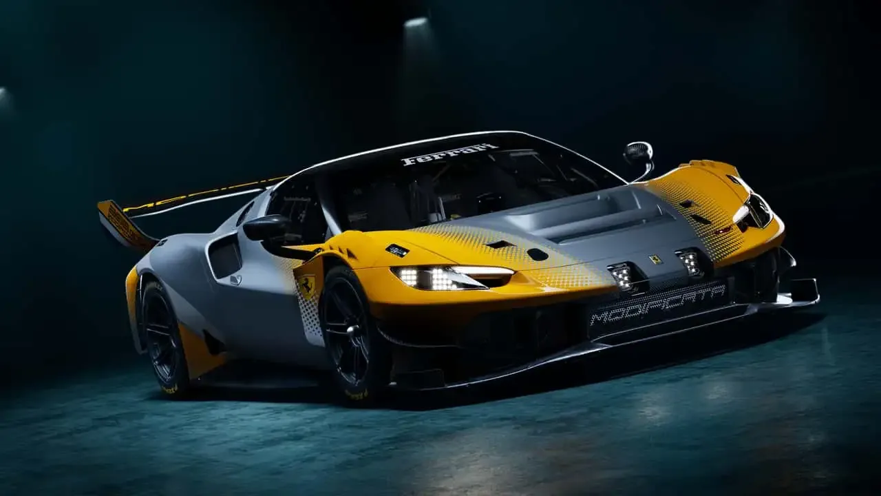 Ferrari 296 GT Modificata in grey and yellow livery, front three-quarter studio view