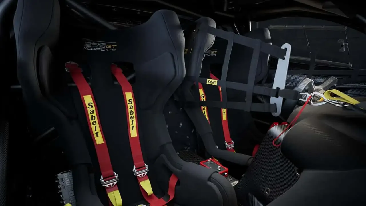 Ferrari 296 GT Modificata two racing seats with red Sabelt harnesses