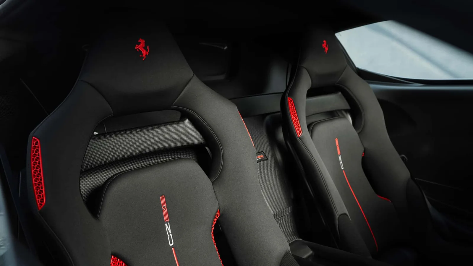 Ferrari CZ26 seats with 3D-printed inserts, Rosso Lampante accents and embroidered CZ26 logos